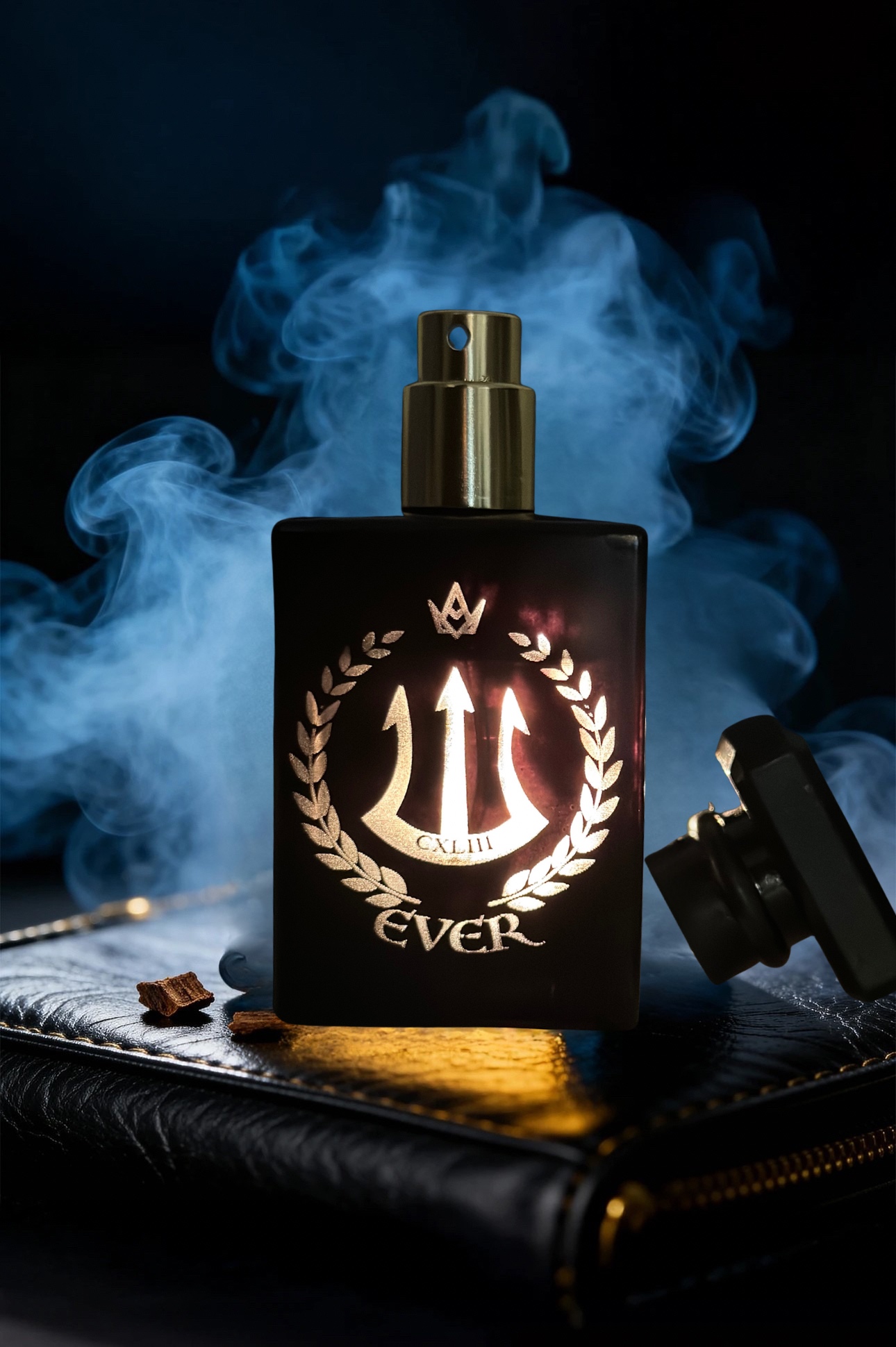 143 4 EVER cologne bottle with gold trident logo surrounded by blue smoke